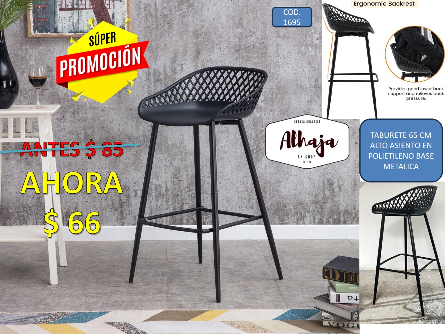 TABURETE BAR GRANADA NEGRO 65 CM