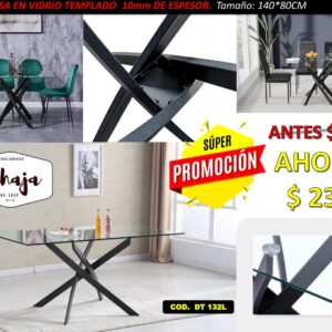 MESA CRUZ VIDRIO RECTANGULAR 140CM BASE NEGRA