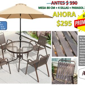 COMBO 2 MESA REDONDA 80 CM  + 4 SILLAS + PARASOL