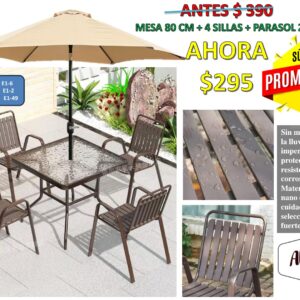COMBO 2 MESA CUADRADA 80 CM  + 4 SILLAS + PARASOL