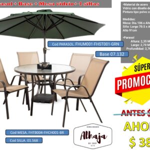 COMBO BANANA VERDE  MESA 100 CM + 4 SILLAS+ PARASOL 2,70 CM +BASE PARASOL