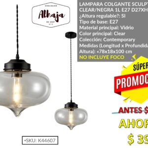 LAMPARA COLGANTE SCULPTURAL CLEAR/NEGRA 1L E27 D27XH100 CM.