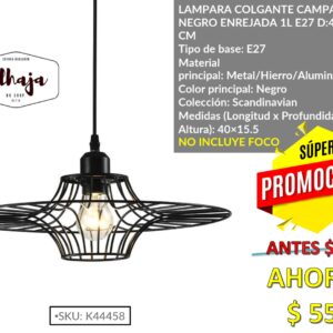 LAMPARA COLGANTE CAMPANA NEGRO ENREJADA 1L E27 D:40XH15.5 CM