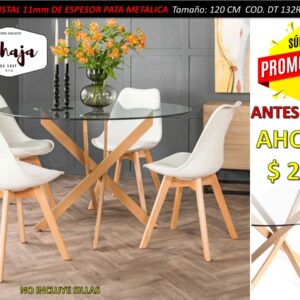 MESA DE CRISTAL TEMPLADO  REDONDA 120 PATA METÁLICA MADERADA