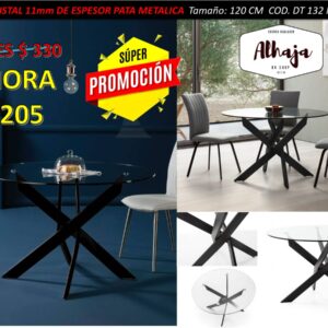 MESA DE CRISTAL TEMPLADO  REDONDA 120 PATA METÁLICA NEGRA